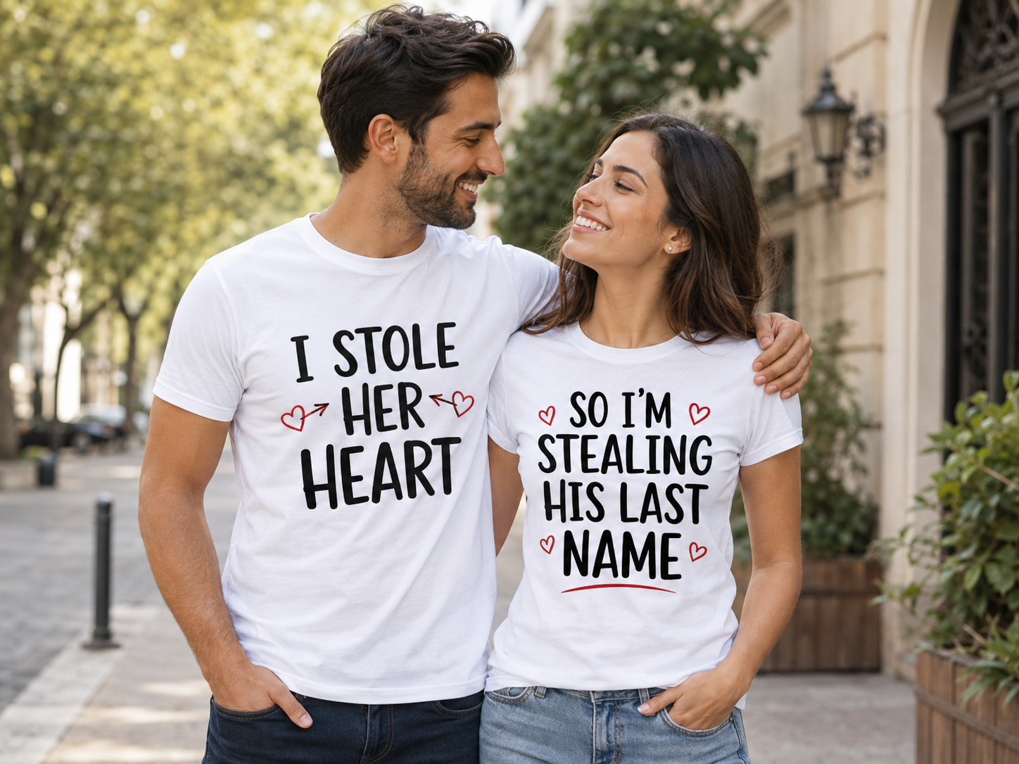 Couple wearing matching custom printed shirts