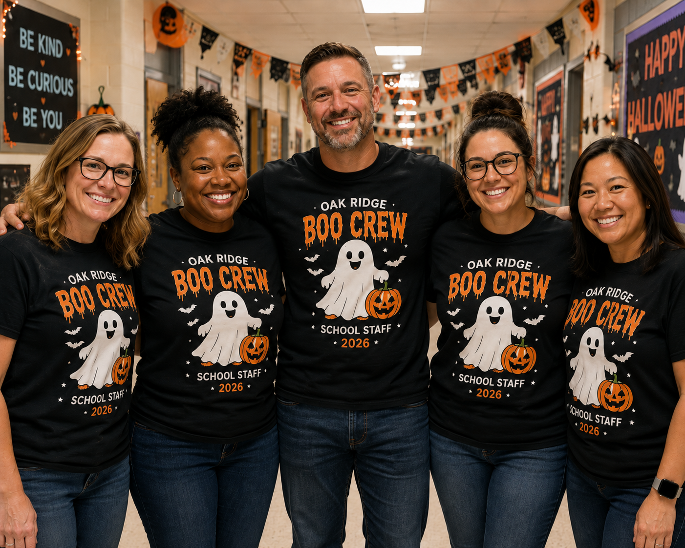 School staff members wearing matching Halloween custom shirts