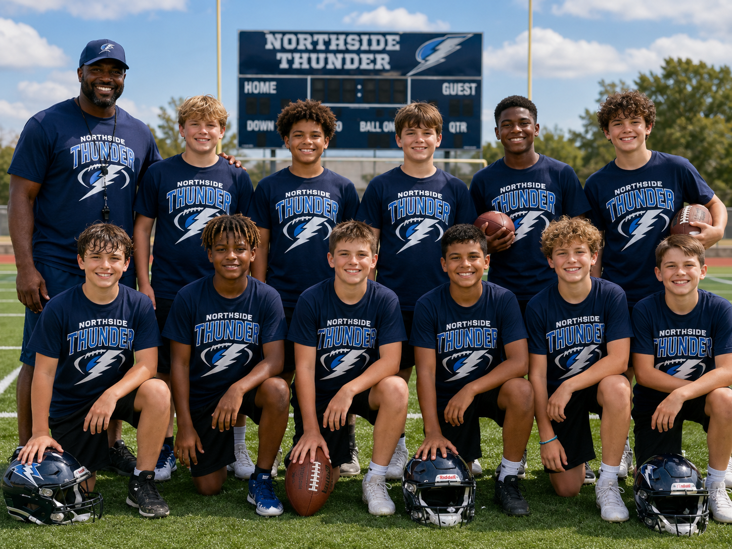 Youth football team wearing matching custom printed team shirts